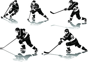 set of vector silhouettes ice hockey players