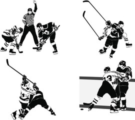 set of vector silhouettes ice hockey players