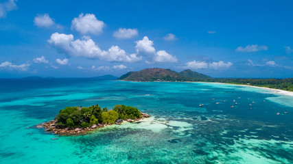 Aerial view of beautiful island at Seychelles. Top view from drone