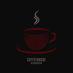 Coffee cup logo. Coffeehouse label with red mug of coffee on black background