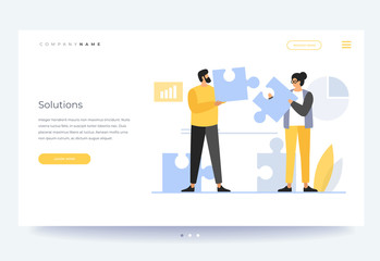 Landing page template. Concept of teamwork, building working system. The man and woman collects puzzles. Solution of business problems. Vector flat illustration.