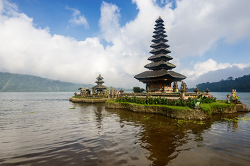 Pura Ulun Danu Bratan on Bratan lake, Bali, Indonesia. Water temple in Bali, Indonesia. Hindu...