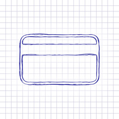Simple credit card icon. Hand drawn picture on paper sheet. Blue ink, outline sketch style. Doodle on checkered background