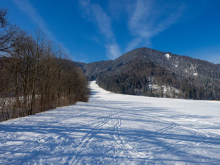 Bayerischen Voralpen. Schneelandschaften zwischen Scharling und Kreuth. Kirchberglift 