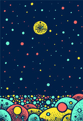 Snow winter landscape - graphic artwork. Colorful psychedelic and fantastic background art. Vector illustration
