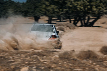 Obraz na płótnie Canvas Rally car make a turn with the cloud of sands