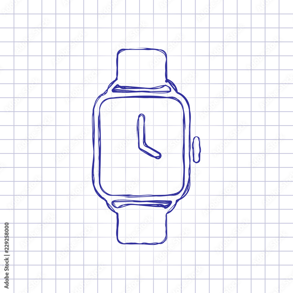 Poster hand smart watch with square display. technology icon. hand draw