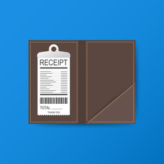 Leather folder for cash, coins and cashier check. Thanks for the service in the restaurant. Vector illustration.