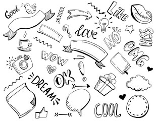 Icons of coffe, lamp, heart, book, camera, speech bubble, like, gif