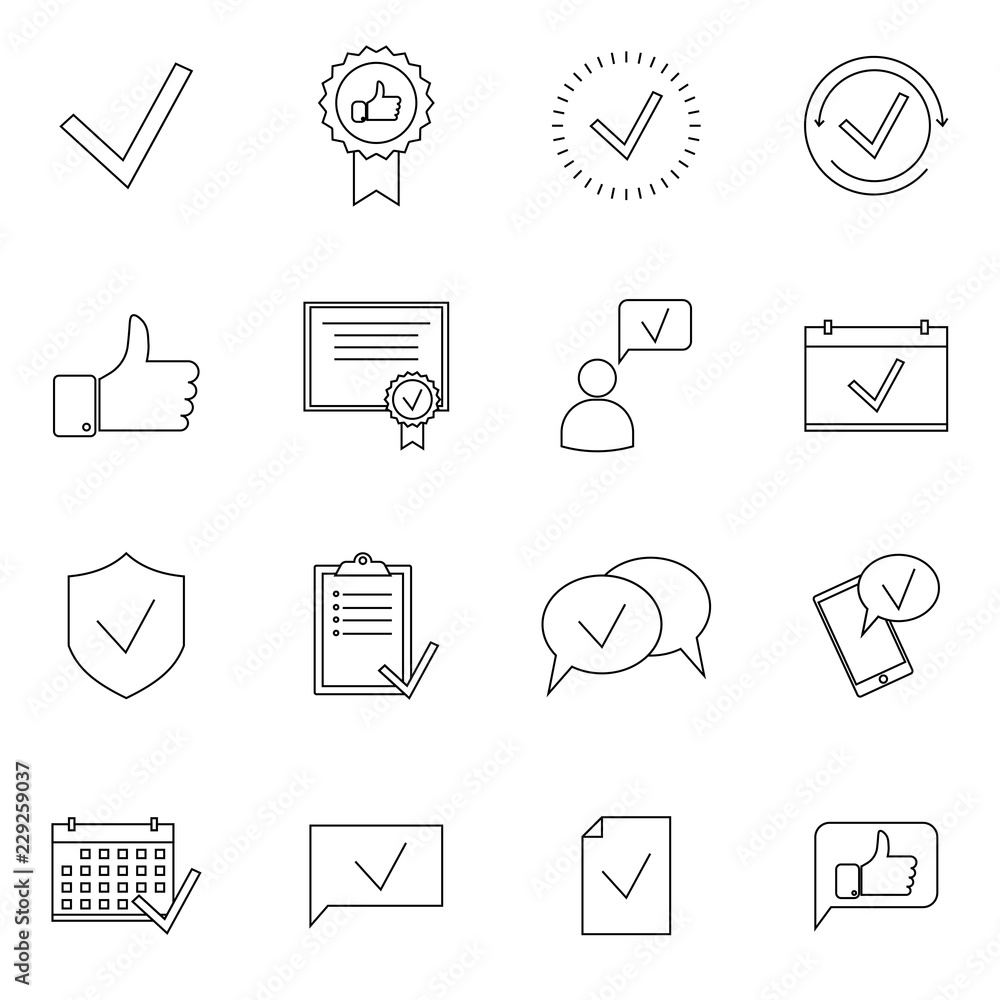 Poster simple set of approve related vector line icons. contains such icons as thumbs up, stamp, check list