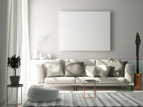 Mock up poster in Scandinavian living room concept, 3d render, 3d illustration