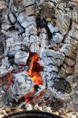 Closeup of burning firewood with charcoal, hot ashes and cinder, shallow depth of field Fire hole. Texture of burnt wood. Gray, red, orange and black. 