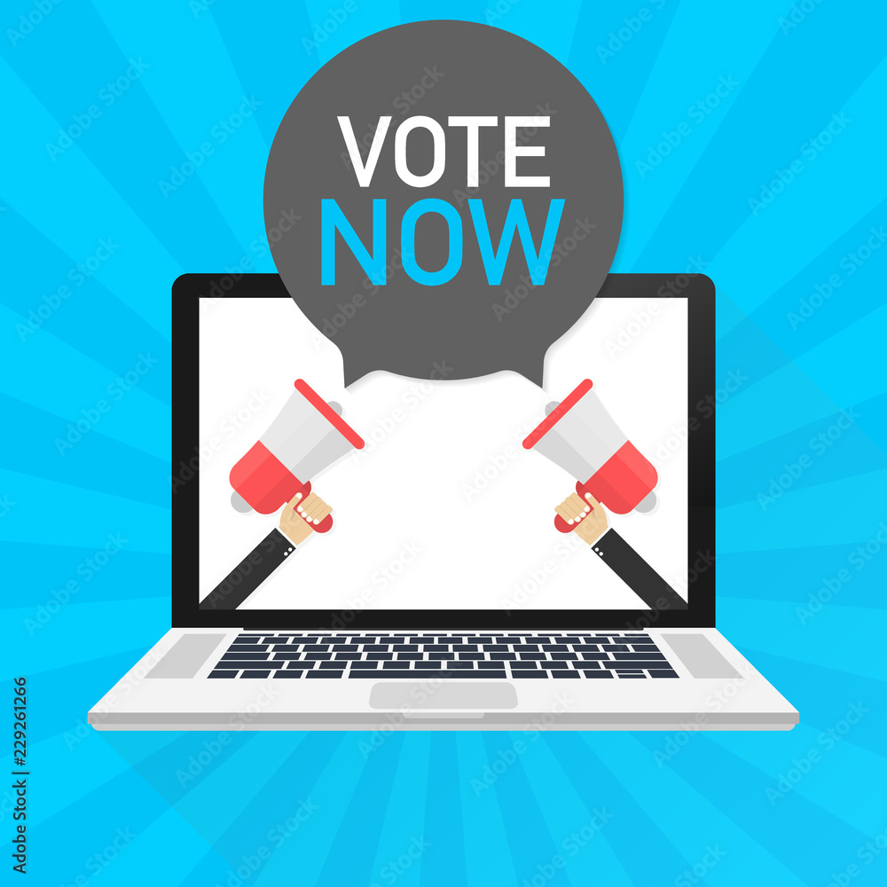 Poster laptop notebook computer screen. hand holding megaphone. vote now text in speech bubble. vector illu