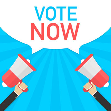 Vote now - advertising sign with megaphone. Vector illustration.