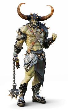 Savage Orc leader warrior wearing traditional armor. Fantasy themed character posing on an isolated white background. 3d Rendering