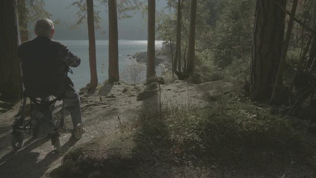Senior mit Rollator blickt auf See