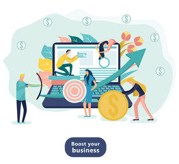 Boost your business. People with an arrow going up, showing profit. Flat icon on the laptop has merged all accounts, money. Graphic design concept mobile banking.