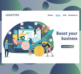 Boost your business landing page template. People with an arrow going up, showing profit. Flat icon on the laptop has merged all accounts, money. Graphic design concept mobile banking.