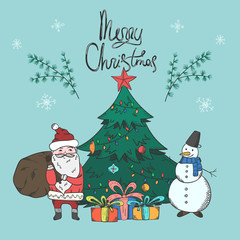 Bright Christmas card with cartoon Santa Claus, snowman and gift boxes behind green fir tree on blue background with greeting text. Bright illustration for new year web and banner design, print