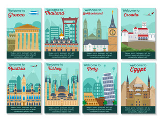 Set of different cities for travel. Landscape template flyer. Landmarks banner in vector. Travel destinations cards. Greece, Thailand, Switzerland, Austria, Turkey, Italy, Croatia, Egypt