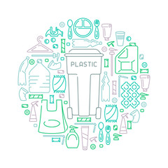 Banner with plastic trash and trashcan. Line style vector illustration