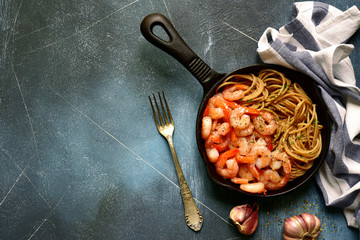 Wholegrain spaghetti with shrimps.Top view.