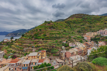 Fototapeta na wymiar Houses on hills in Manarola, Cinque Terre, Italy