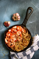 Wholegrain spaghetti with shrimps.Top view.