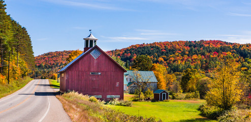 red barn along a country rural road  with woods dressed in bright autumn colors of fall foliage  © vermontalm