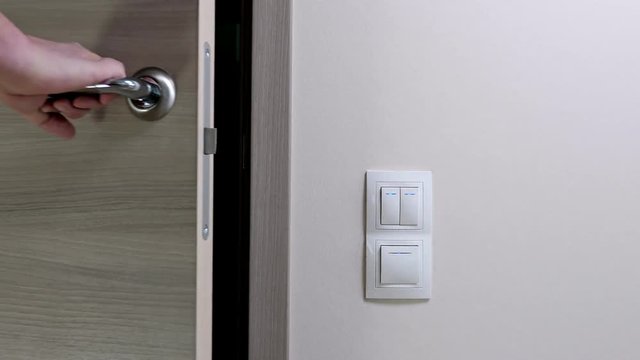 Door handle and white lighting switches at modern apartment
