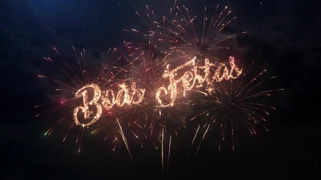 Happy Holidays greeting text in Portugal with particles and sparks on black night sky with colored slow motion fireworks on background, beautiful typography magic design.