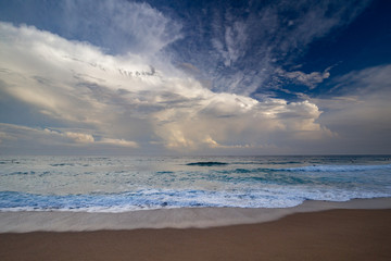 Beautiful blue ocean picture with interesting clouds in a Spanish coastal, in Costa Brava, near the town Palamos
