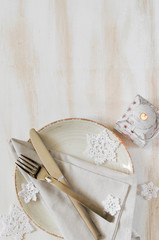 Christmas Table Place Setting With Xmas Decorations at Vintage or Provence Style.