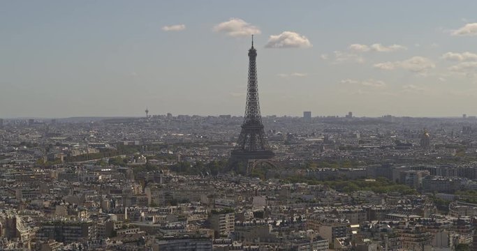 France Paris Aerial v13 Flying around Eiffel Tower panning toward Seine 8/18