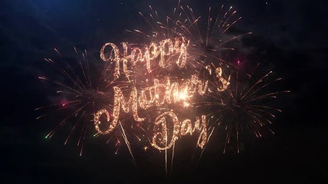 Happy Mother's Day greeting text with particles and sparks on black night sky with colored slow motion fireworks on background, beautiful typography magic design.