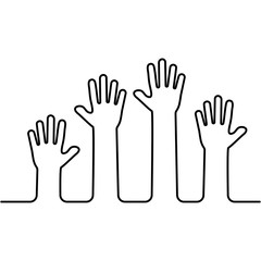Obraz premium Raised up hands. Business concept. Volunteering. Black outline design. Vector illustration