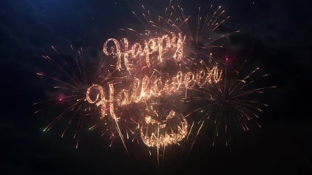 Happy Halloween greeting text with particles and sparks on black night sky with colored slow motion fireworks on background, beautiful typography magic design.