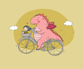 funny cartoon dinosaur on a bicycle. Cute dragon traveler, girl and cat.