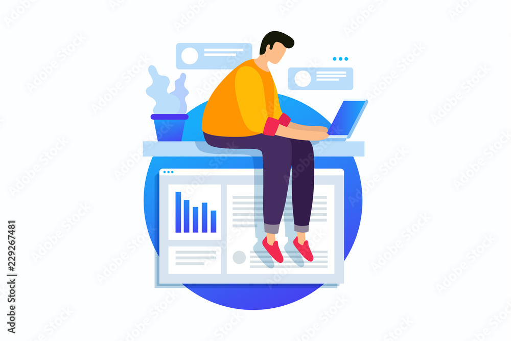 Wall mural concept of digital technology, work with business graphics, career growth to success. young man sits