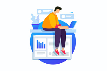 Concept of digital technology, work with business graphics, career growth to success. Young man sits with laptop and rewrites in chat. Vector flat illustration.