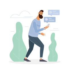 Young man goes with smartphone. Man sends and receives messages on cell phone. Concept of social networks, mobile apps. Vector illustration in flat style.