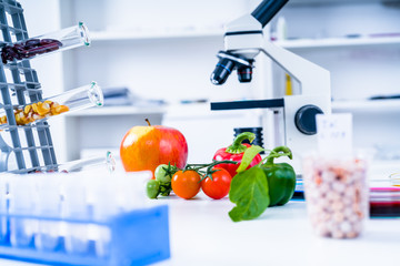 Chemical Laboratory of the Food supply . Food in laboratory, dna modify .GMO Genetically modified food in lab  - 229267690