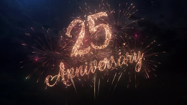 Happy birthday Anniversary 25 years celebration greeting text with particles and sparks on black night sky with colored slow motion fireworks on background, beautiful typography magic design.