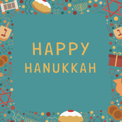Frame with Hanukkah holiday flat design icons with text in english