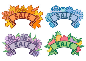 Set of seasonal sale signs, autumn, winter, spring, summer sale sign on ribbon without background, collection of discount footer and banner