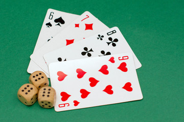 Objects for gambling poker in casino cards and gambling dice, dice