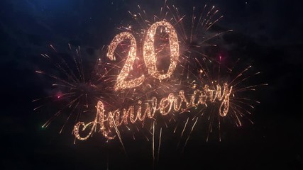 Happy birthday Anniversary 20 years celebration greeting text with particles and sparks on black night sky with colored slow motion fireworks on background, beautiful typography magic design.