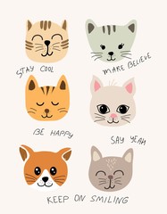 cute cat set illustration with inscriptions for fabric, t shirt, cards