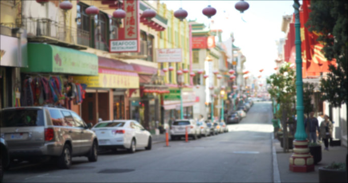 Exterior shot of Chinatown district in San Francisco with decorative lanterns