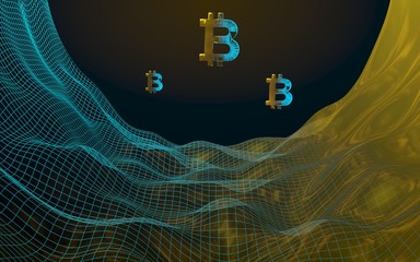 Digital currency, golden symbol Bitcoin on abstract dark background. Growth of the cryptocurrency market. Business, finance and technology concept. 3D illustration